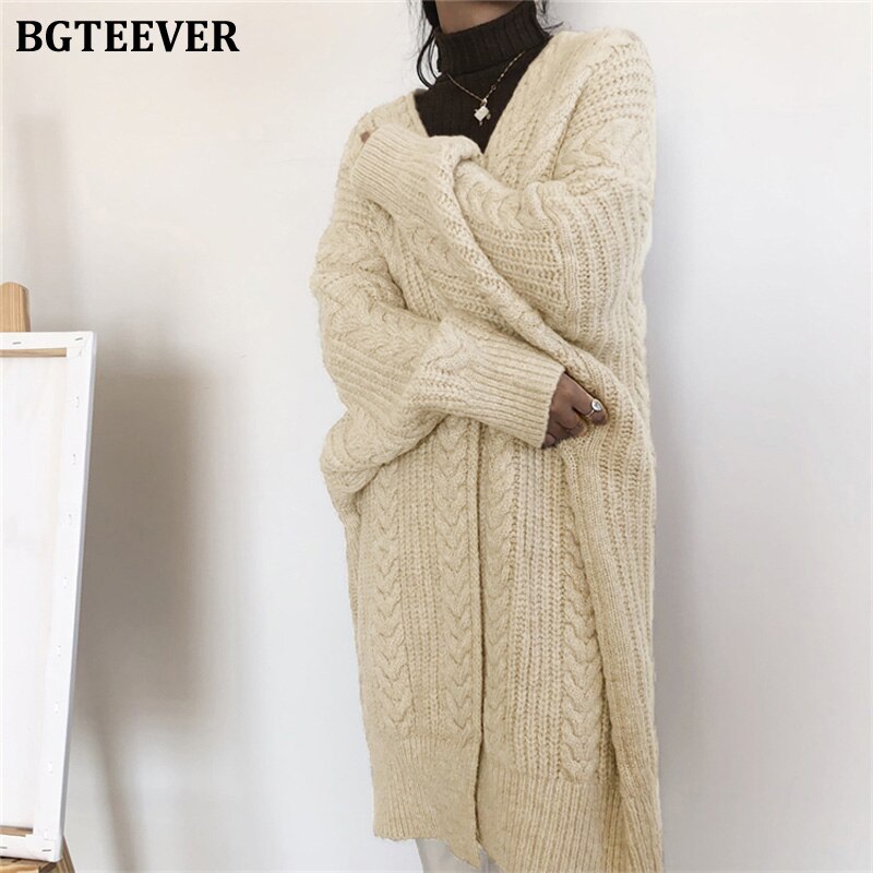Bgteever vintage løs kvindelig lang sweater cardigans tykke varme kvinder snoet strikket cardigan efterår vinterfrakke: Beige