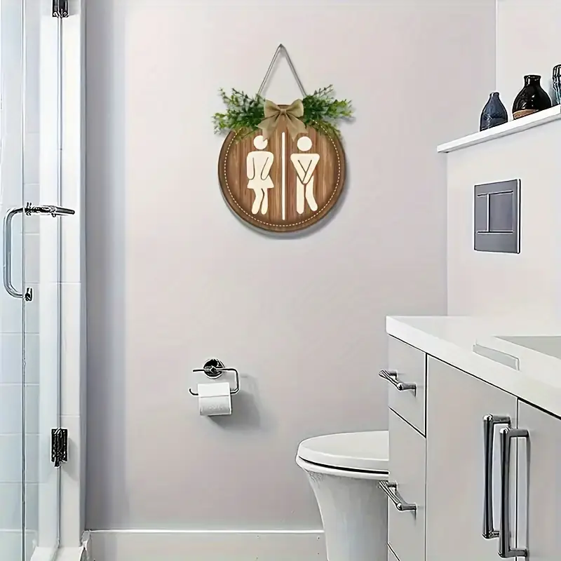 Letrero de madera con corona rústica para decoración de pared, tablero redondo, letreros para puerta de lavandería, letrero colgante para baño, decoración de baño Unisex
