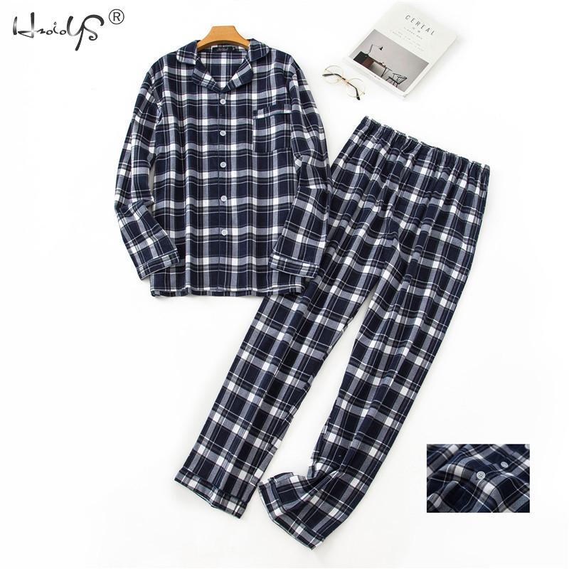 Herre plaid knap pyjamas sæt bomuld pyjamas sæt langærmede skjorter & lange bukser 2 stykke sæt nattøj loungewear pj sæt: Blå plaid / Xl