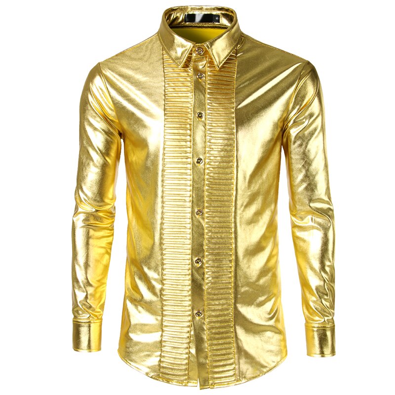 Herr smoking skjortor långärmade slim fit solid glänsande guld silver skjorta sångare värd nattklubb bar scen toppar kostym