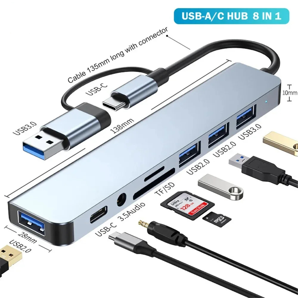 8 in 2 Ports Type C Hub 3.0 USB C Concentrator Docking USB 3.0/2.0 Multi Adapter SD TF Card Reader 3.5 Audio Extender Splitter: Default Title