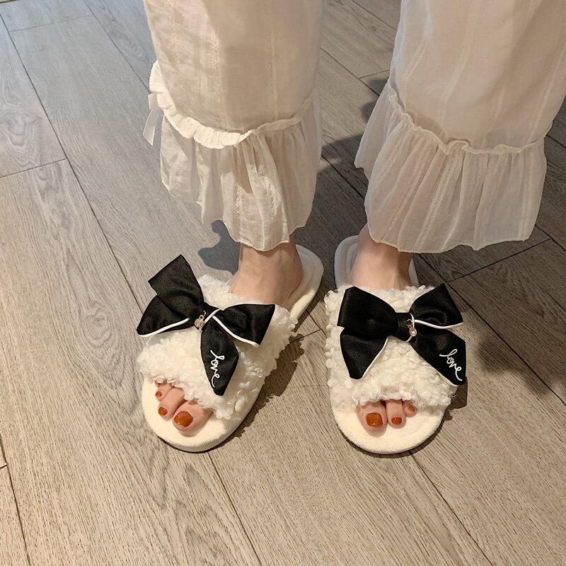 Imiteret pels rutschebaner til kvinder hvide plys tøfler vinter med sløjfe lodne tøfler kvinder hus tøfler kvinde fluffy sliders sko