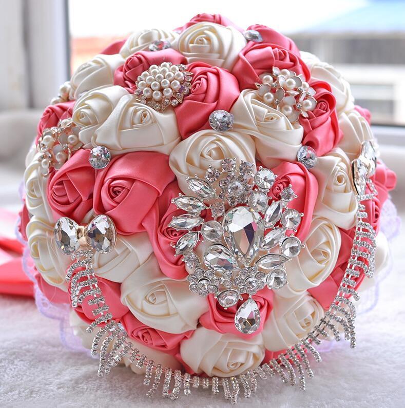 JaneVini Flores Boda Royal Blue Wedding Bridal Bouquet Luxury Crystal Beaded Bride Flower Bouquet Sposa Rhinestones Satin Brooch: Watermelon