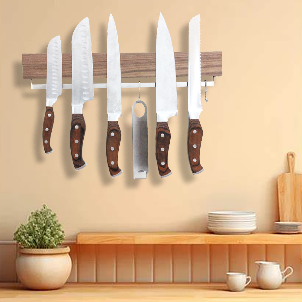 Tiras magnéticas para cuchillos, soporte magnético para cuchillos para pared de 16 pulgadas, tira magnética para cuchillos de madera de nogal que se utiliza como barra para cuchillos, soporte para cuchillos
