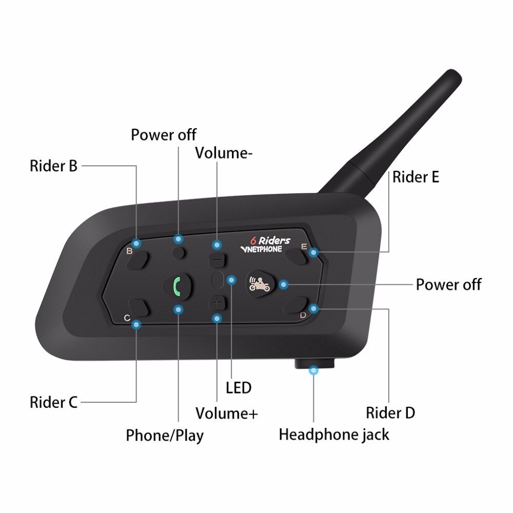 Vnetphone  v6 bt interphone 1200m motorcykel bluetooth hjälm intercom intercomunicador moto interfones headset för 6 ryttare