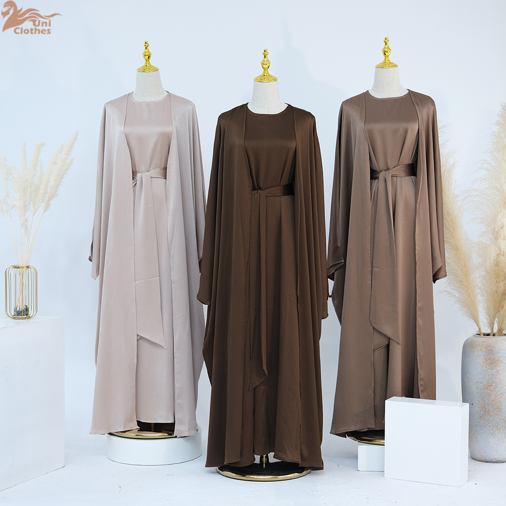 Ramadan dubai cetim liso 2 peças conjunto abaya roupas de oração feminino modesto conjuntos muçulmanos caftan marocain robe femme musulmane kaftan