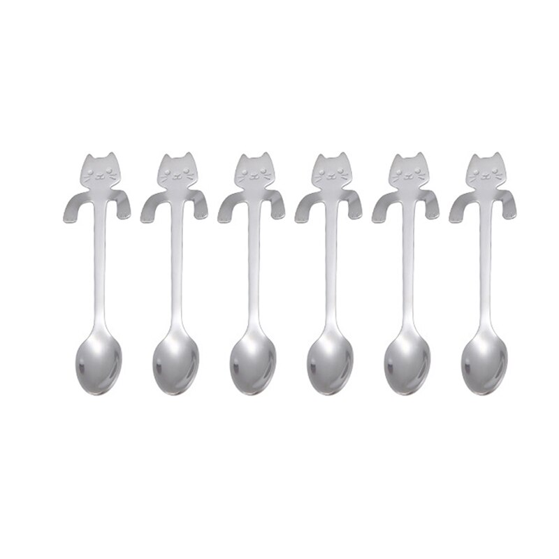 6 pcs Mini Cute Coffee Spoon 12cm 17 cm 304 Stainless Steel Cartoon Cat Spoon Teaspoon Dessert Snack Scoop Milk Spoons Tableware: Silver 12cm 6 PCS