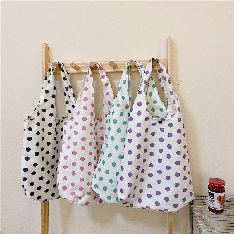 Retro Polka Dot mujeres bolsos de lona estudiante Simple hombro bolsa Vintage de mujer playa Casual bolso bolsas de compras