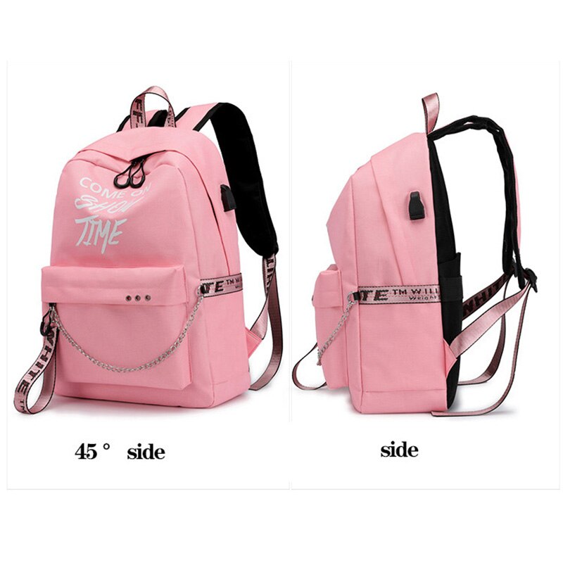 Lichtgevende Usb Vrouwen Rugzak Letters Print Schooltassen Tiener Meisjes Linten Canvas Computer Rugzak Mochila Sac A Dos