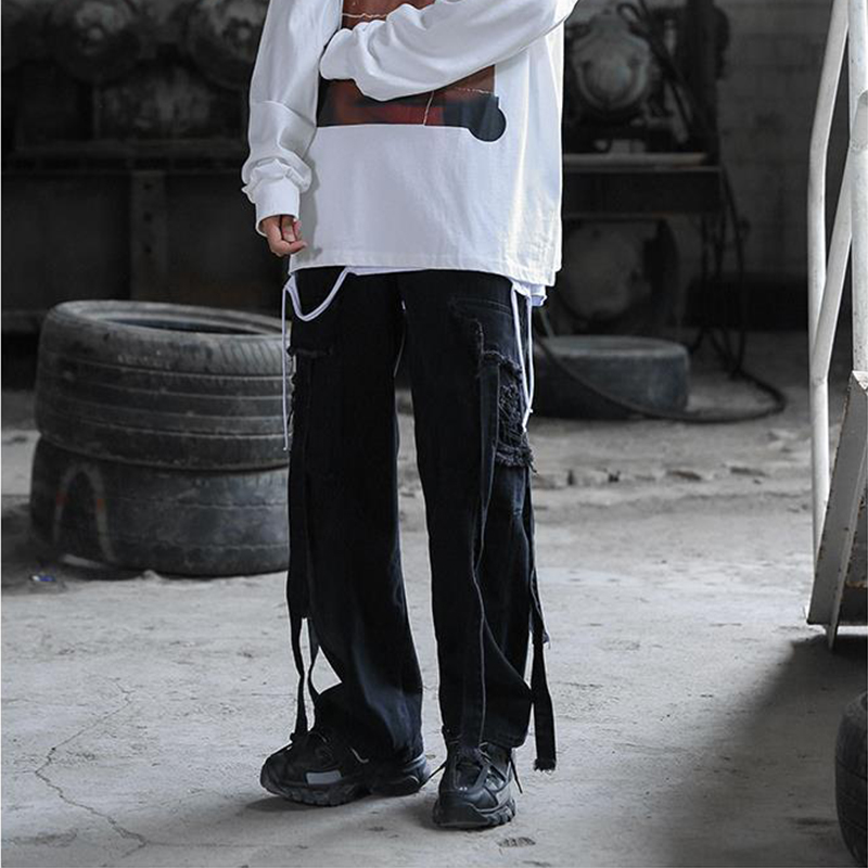 HOUZHOU-pantalones vaqueros rasgados para hombre, ropa de calle, Punk, Rave, gótica, Hip Hop, otoño