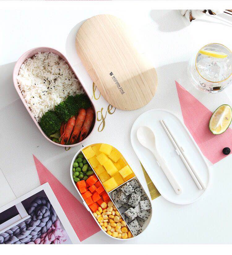 Draagbare lunchbox voor gezondheidsmateriaal, 800ml houten ovale dubbele lunchboxen, magnetronbestendig, voedselbewaarbakje, lunchbox