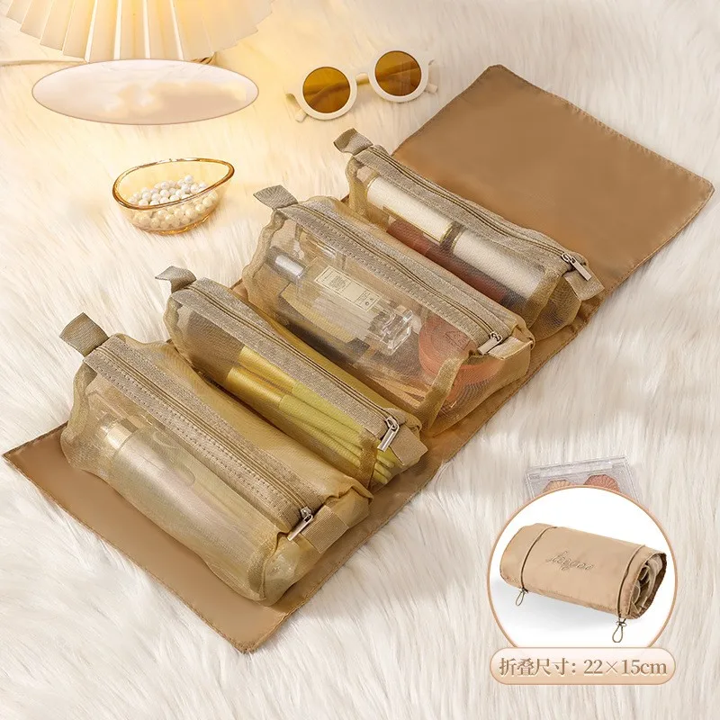 Detachable Cosmetic Bag Portable Large Capacity 4 in 1 Makeup Bags Portable Folding Travel Cosmetics Storage Toiletry Bag: Brown