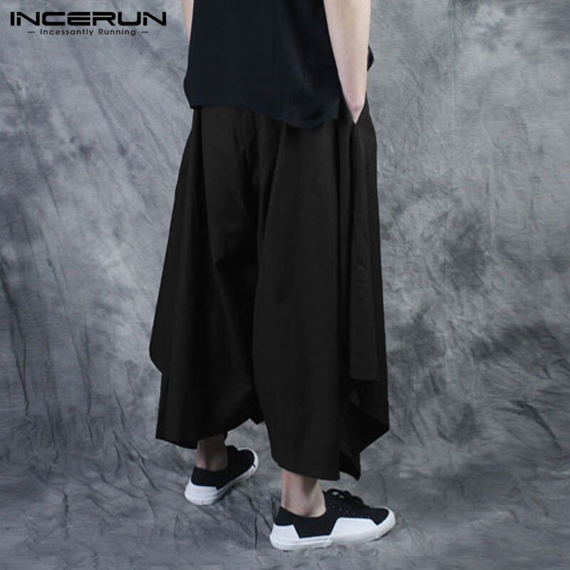 INCERUN, pantalones bombachos para hombre, pantalones para correr de Color sólido de cintura elástica , pantalones de falda Irregular suelto, ropa de calle, pantalones de baile para hombre