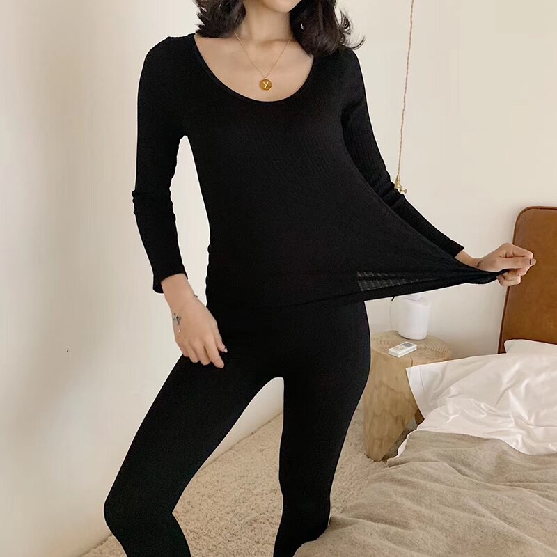 Warm Thermal Underwear Sexy Ladies Intimates Long Johns Women&#39;s Shaped Sets Female Middle Collar Thermo Shaping Clothes Pajamas: Black