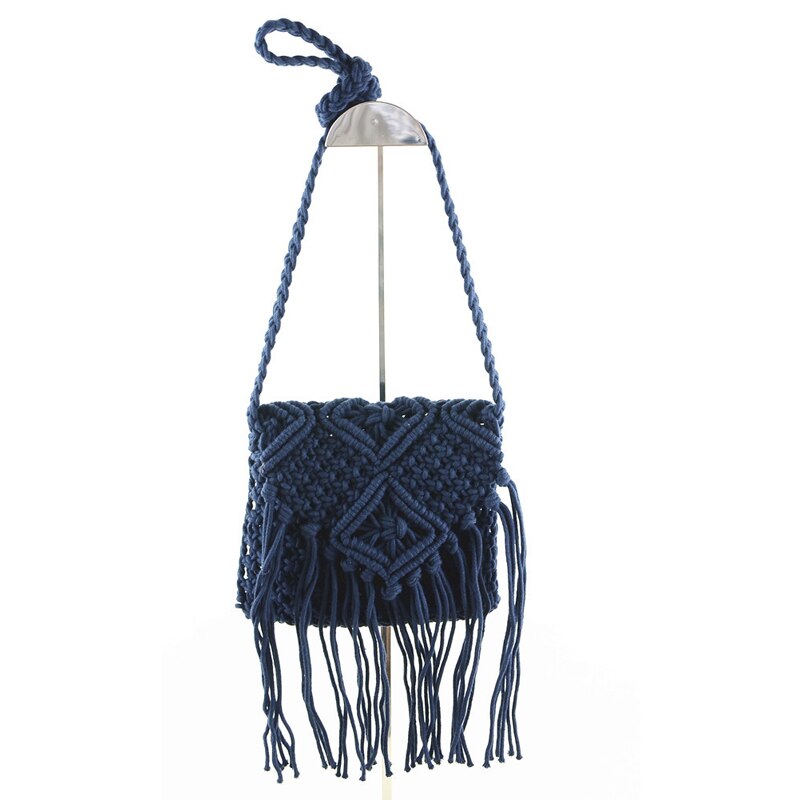 Axelskulderväska i Boho-stil - Handvävd Råtta - Sommar Strandväska med tofsar - Virkad Kvinnlig Väska