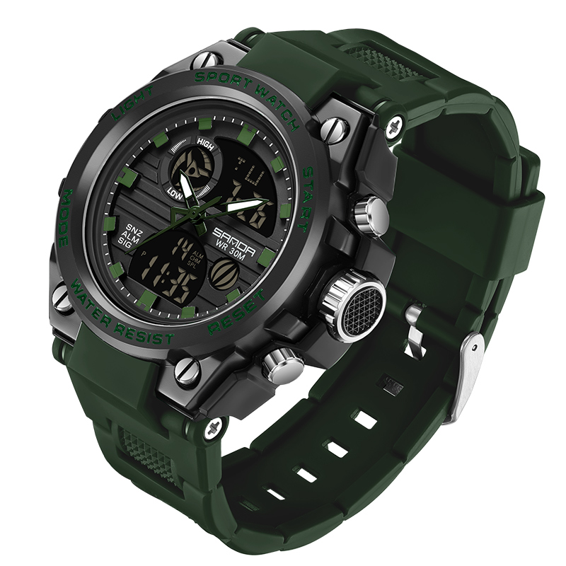 Reloj electrónico SANDA 739 para hombre, cronómetro de cuenta regresiva doble de lujo, resistente al agua, deportivo, Digital, luminoso, batería Original japonesa: Verde