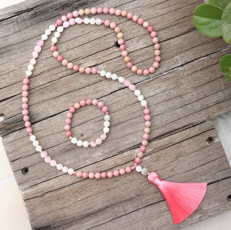 8mm Natural Stone Beads,Rhodrochrosite, White Moonstone,JapaMala Sets,Spiritual Jewelry,Meditation,Inspirational, 108 Mala Beads: Rhodium Plated