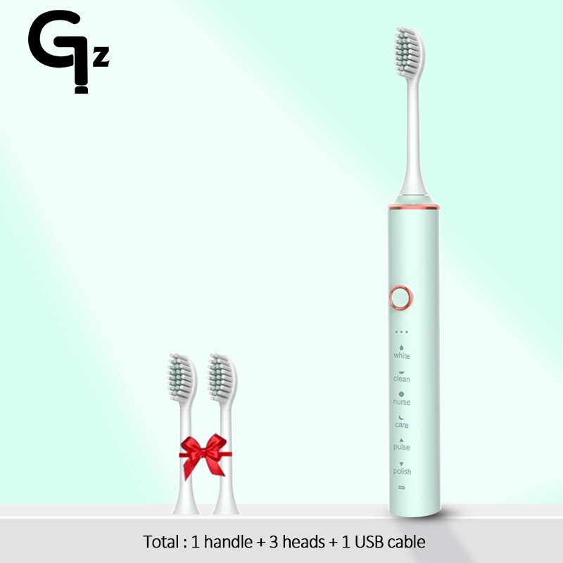 GeZhou-cepillo de dientes eléctrico sónico para niños, dispositivo de limpieza recargable IPX7, resistente al agua, 18 modos de viaje, 16 cabezales: N100green 3