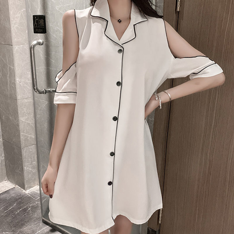 Net red pajamas women's summer Chiffon sexy off shoulder shirt nightdress women's loose large medium length home clothes