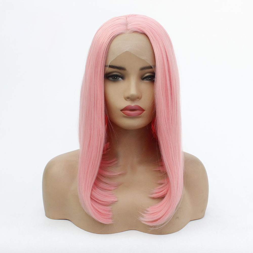 Similler groene fluorescerende roze bob synthetische kant voorpruiken kort haar steil voor vrouwen zwart klassiek middendeel: Roze