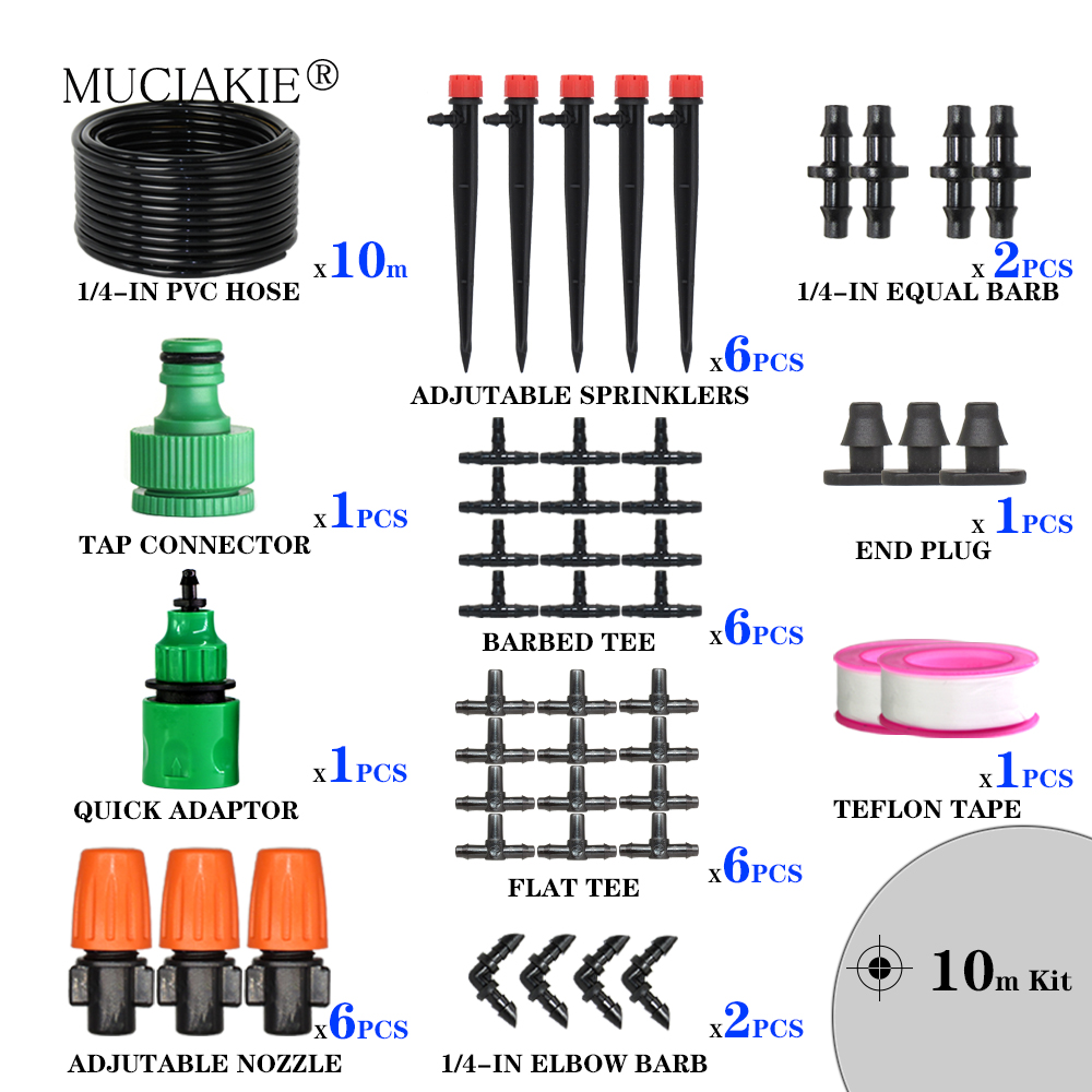 Muciakie garden 1/4 &quot; slange drypvanding automatisk vanding kit tåge spray kølesystem med justerbar drypper controller: 10m 4 l 7 sæt