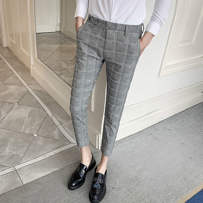 de los hombres vestido a cuadros pantalones de la longitud del tobillo Pantalon hombre Casual traje de hombre Slim Pantalón Formal de negocios pantalones Streetwear ropa