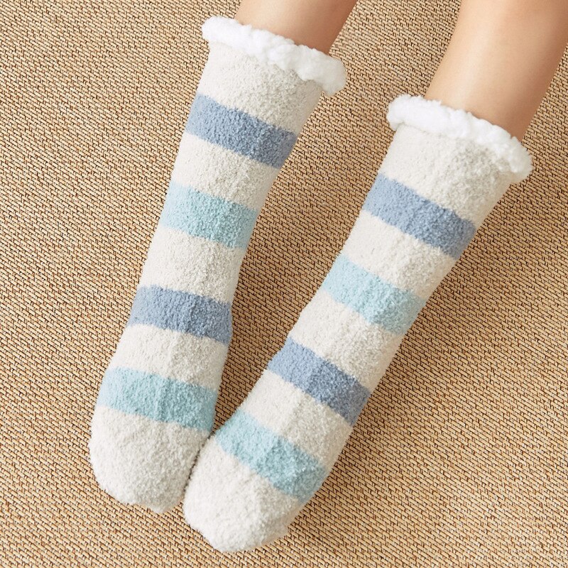 Dames zoete pantoffels sokken antislip print streep winter warme polyester huissokken dames zachte thermische vloer badstof sokken: Blauw