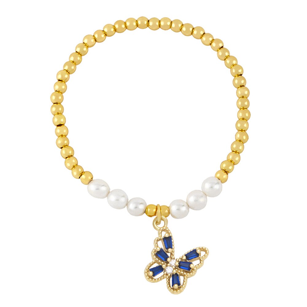 Flola Koper Zirkoon Vlinder Armbanden Voor Vrouwen Gouden Kralen Ketting Elastische Touw Parel Armband Crystal Sieraden Brtf64: Blue