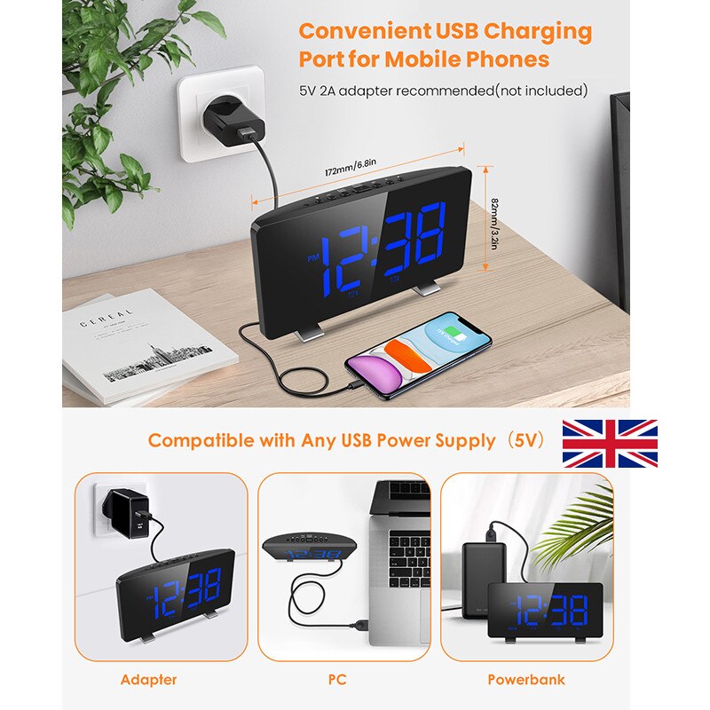 Digital Alarm Clock with FM Radio Dual Alarm 6.7'LED Screen USB Port 4 Brightness 12/24H Automatic Dimmer Snooze Digital Clock