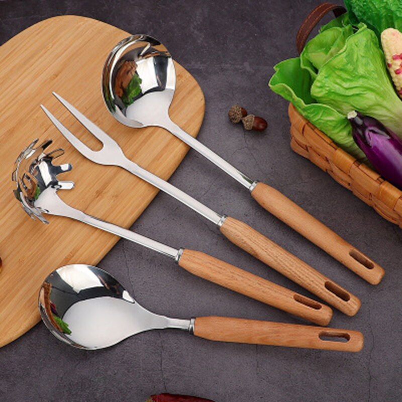 Utensilios de cocina de madera resistentes al calor, utensilios de cocina, cuchara de acero inoxidable para sopa, utensilios de cocina, espátula, cuchara, colador, herramienta de cocina