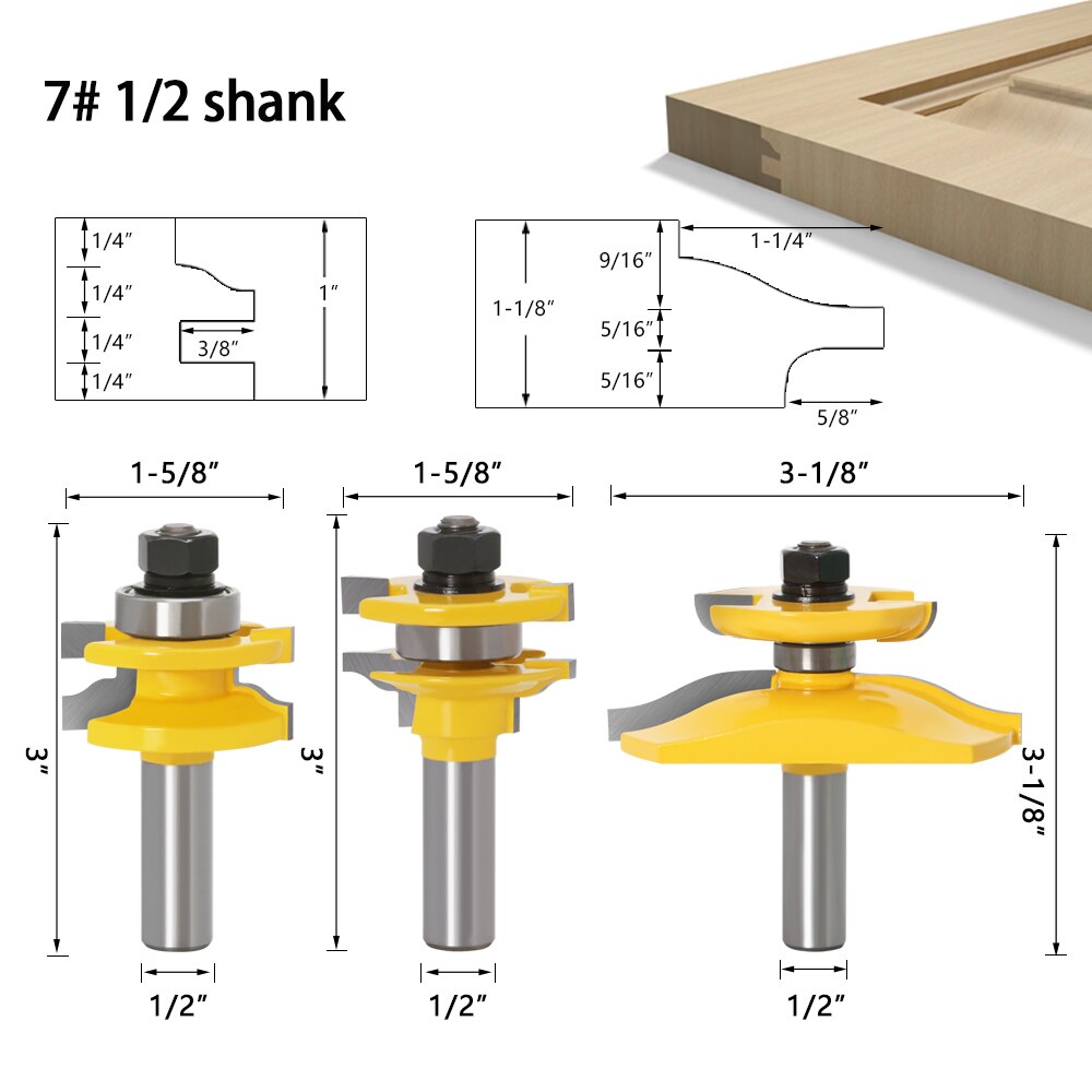 3pcs 1/2" Shank Rail & Stile Ogee Blade Cutter Panel Raised Cabinet Router Bit Set Door Tenon Woodworking Tools: NO7 12.7mm shank
