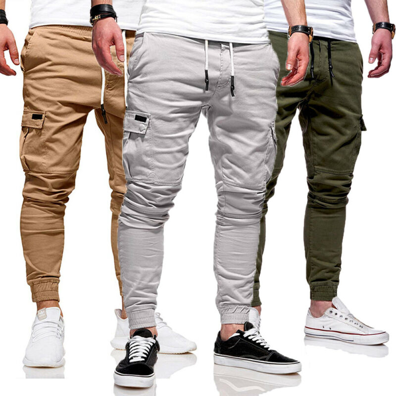 Popular Men's Slim Fit Urban Straight Leg Trousers Casual Pencil Jogger Cargo Long Pants