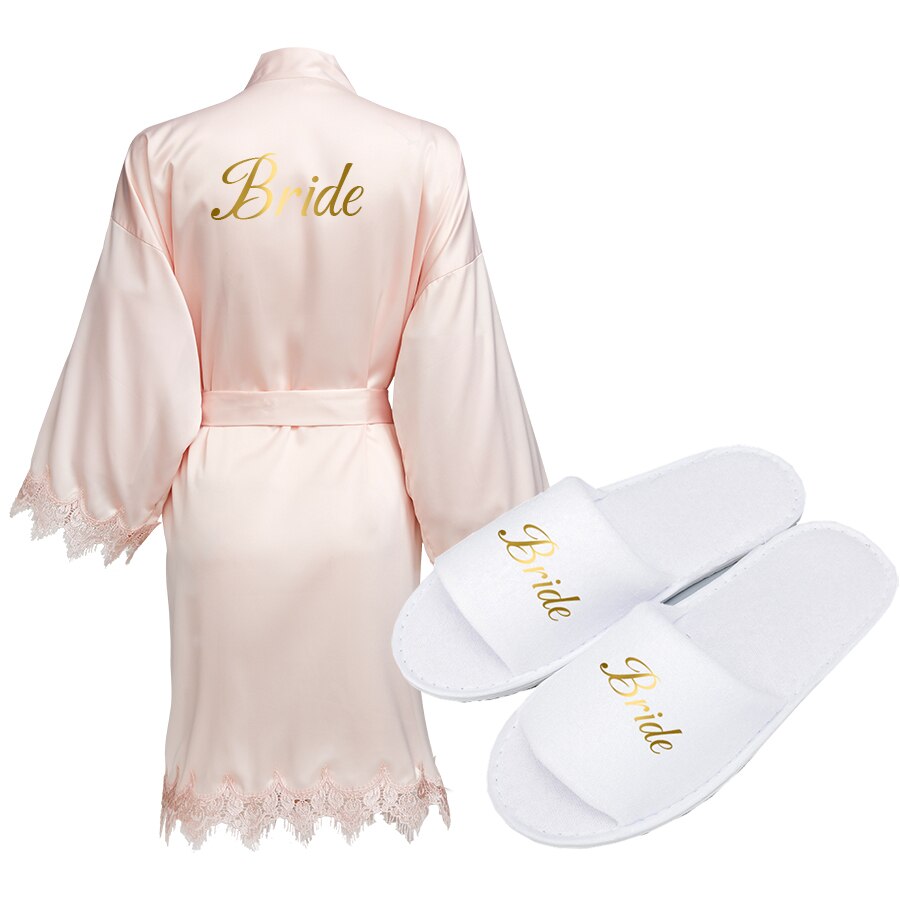 Batas de dama de honor de la novia, bata de seda satinada para boda, de , albornoz blanco: blush with slipper / one size XL