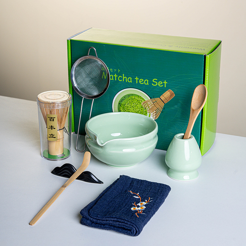 Ensemble Matcha japonais fait à la main, bol à encoche facile à nettoyer, fouet en bambou, cuillère à café, ensembles à thé, outils de préparation du thé, accessoires, 4 à 8 pièces/ensemble: BEIGE
