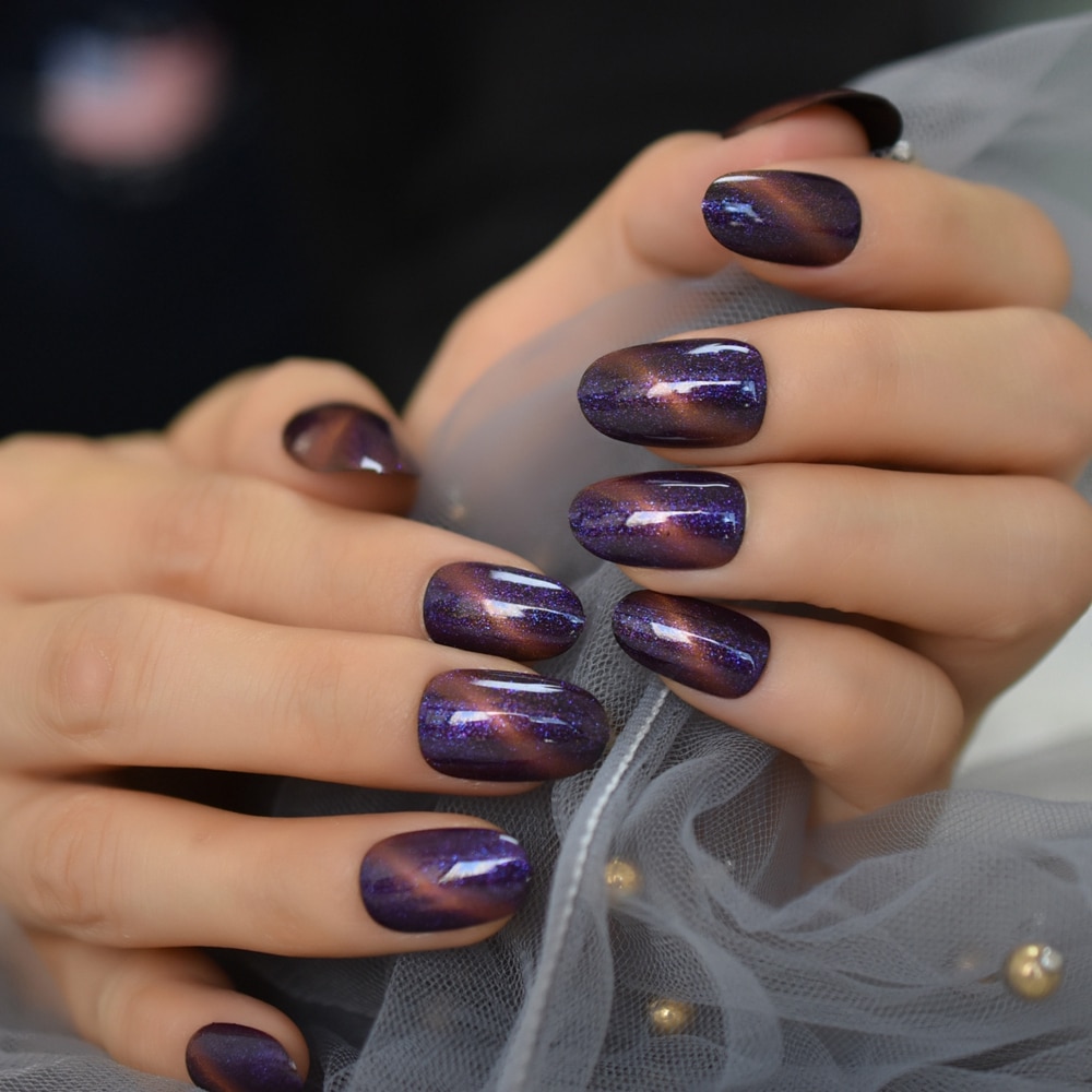 Dark Purple Nep Nagels Galaxy Shimmer Glitter Gel Nagels Hand Painted Nail Art Tips Ovale Ronde Medium Druk Nail Vingernagels 24
