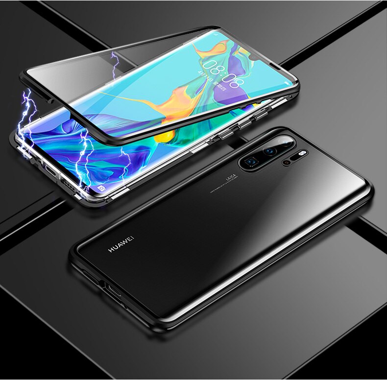 Magnetic Absorption Metal Flip Case for Huawei P30 P30Lite P30Pro Cover Double Sided Tempered Glass for Huawei P30 Pro Case: Huawei P30 / Black