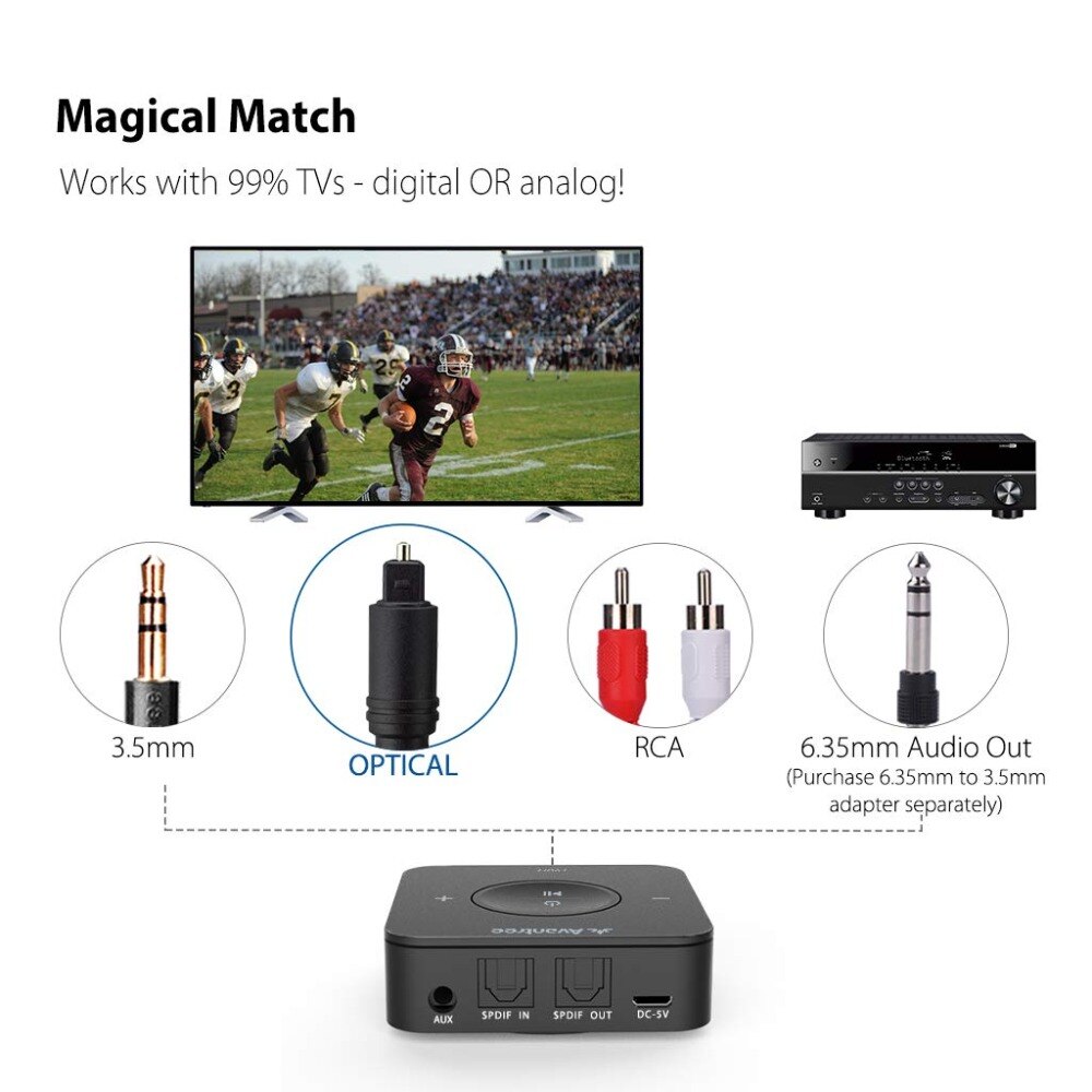 Avantree  tc417 bluetooth sändare mottagare för tv, optisk digital toslink, volymkontroll för 3.5mm aux, rca , 20h speltid