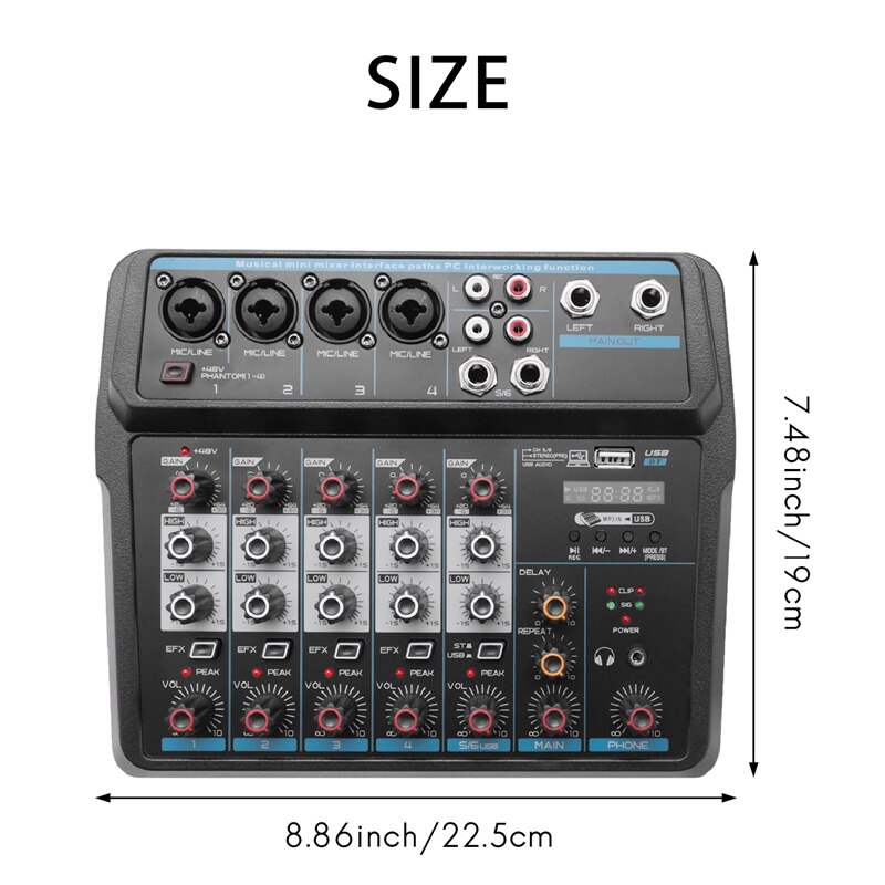 M-6 Portable Mini Mixer Audio DJ Console with Sound Card, USB, 48V Phantom Power for PC Recording Singing Webcast Part