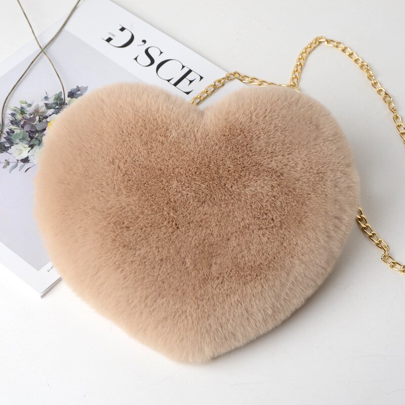 Mode Vrouwen Hartvormige Handtassen Leuke Kawaii Faux Fur Crossbody Tassen Portemonnee Portemonnee Pluche Keten Schoudertas Dame Handtas: Khaki