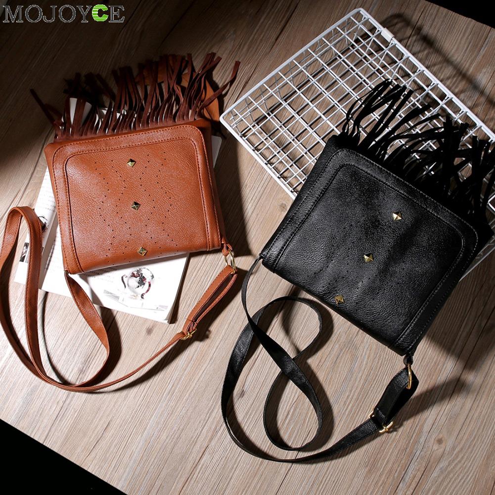 Vintage dames schoudertas met kwastjes, hol, retro, pu-leer, effen kleur, reistassen voor dames