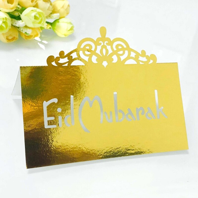 100Pcs 3D Floral Crown Eid Mubarak Table Card Ramadan Hollow Out Paper Placecard 69HF