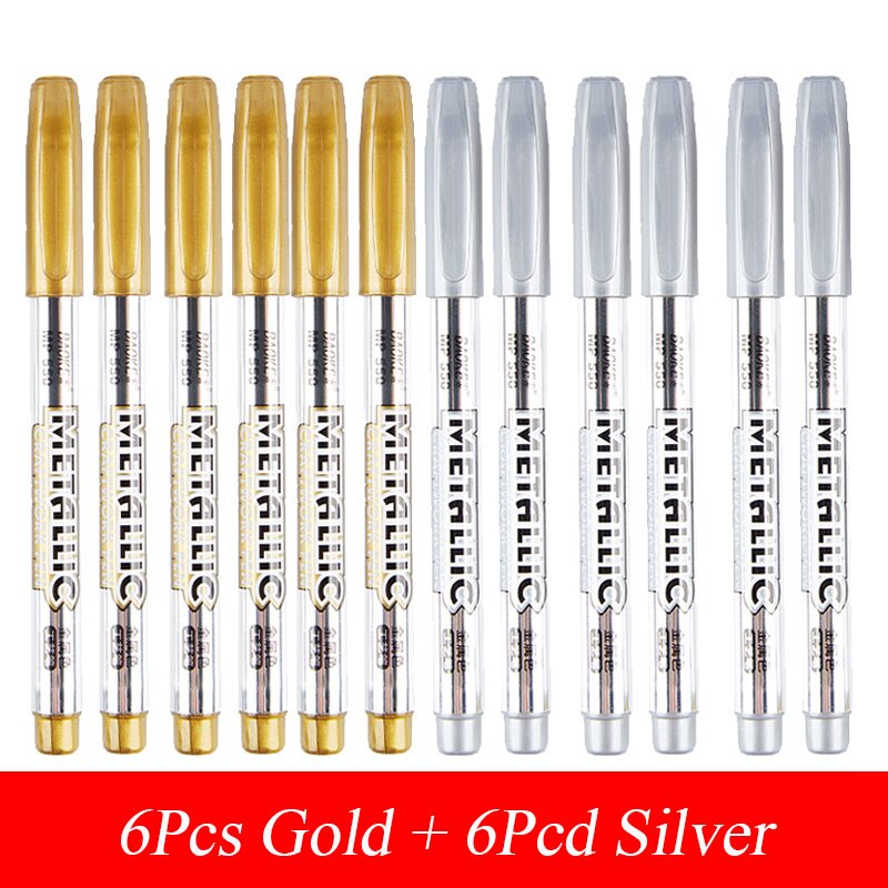 BAOKE Metalli Permanent Paint Marker Pens Waterproof Gold Silver for Drawing Greeting Card Postcard Marker Craftwork Pen: 6Pc Gold 6Pc Silver