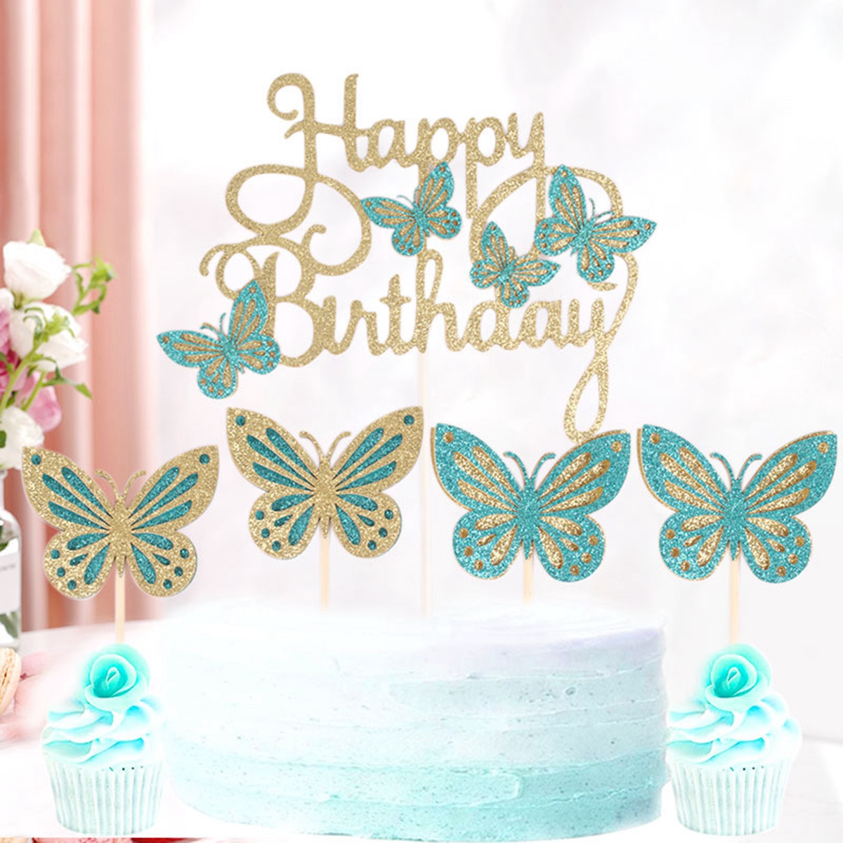 Pink lilla sommerfugl kage topper tillykke med fødselsdagen fest indretning baby shower pige bryllup brud dessert kage indretning cupcake flag