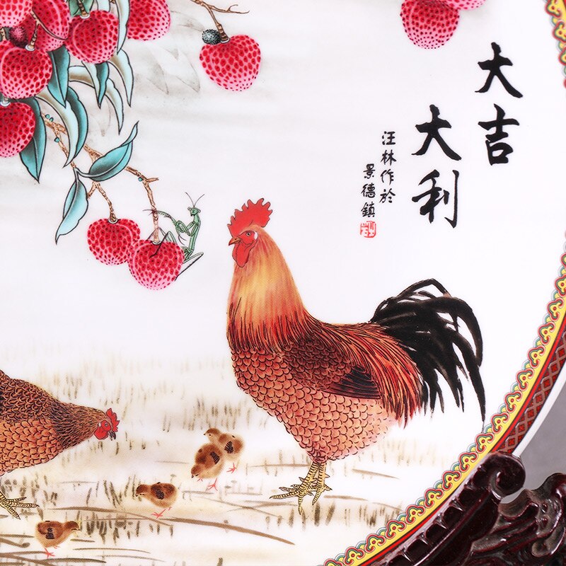 Assiette décorative en céramique coq et Litchi | Art moderne, assiette de décoration de Style chinois, Base en bois, assiette de poulet en porcelaine