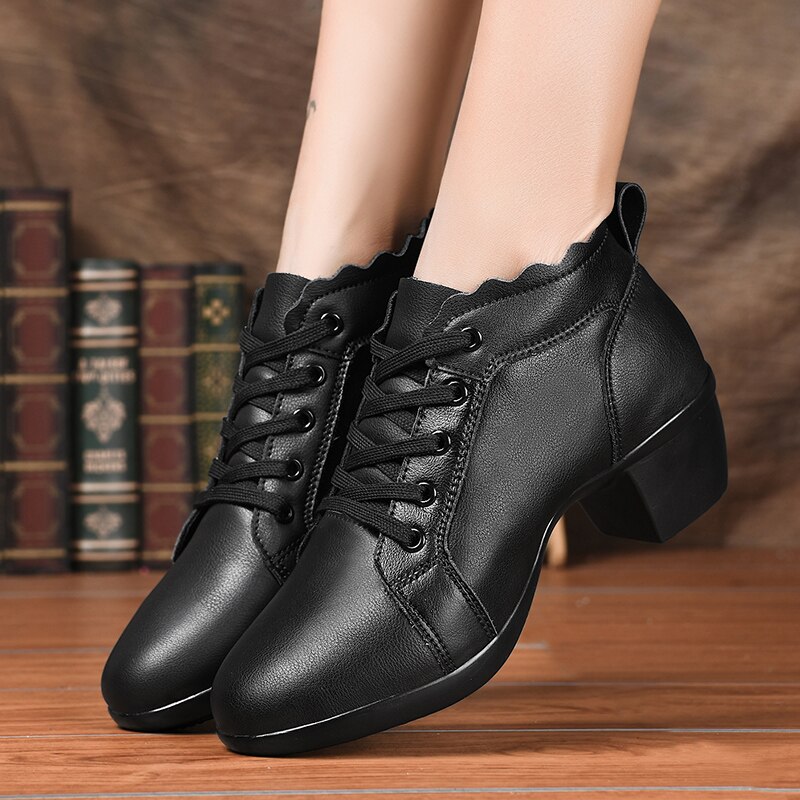 Women's Lady's Girl's Indoor Oxford Leather Sole Chunky Heel Sneaker Ballroom Modern Latin Dance Shoes 5cm Heel High Zapatos: Black / 6.5