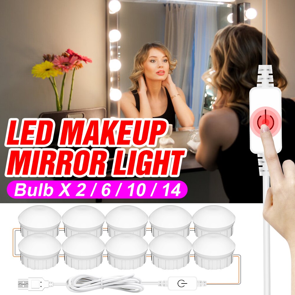 Led Spiegel Lamp Usb Make-Up Spiegel Lampen 5V Vanity Lights Led Hollywood Kaptafel Licht Dimbare Badkamer Muur lampara