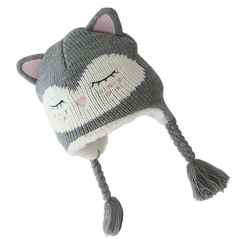 Winter Childen Knitted Hat Cartoon Kitten Pattern Knit Beanie Earflap Hat