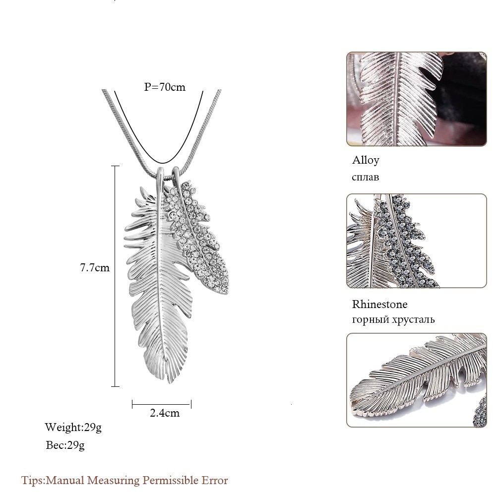 Meyfflin Vintage Long Necklaces for Women Crystal Feather Choker Necklaces Pendanst Silver Sweater Chain Jewelry Collier