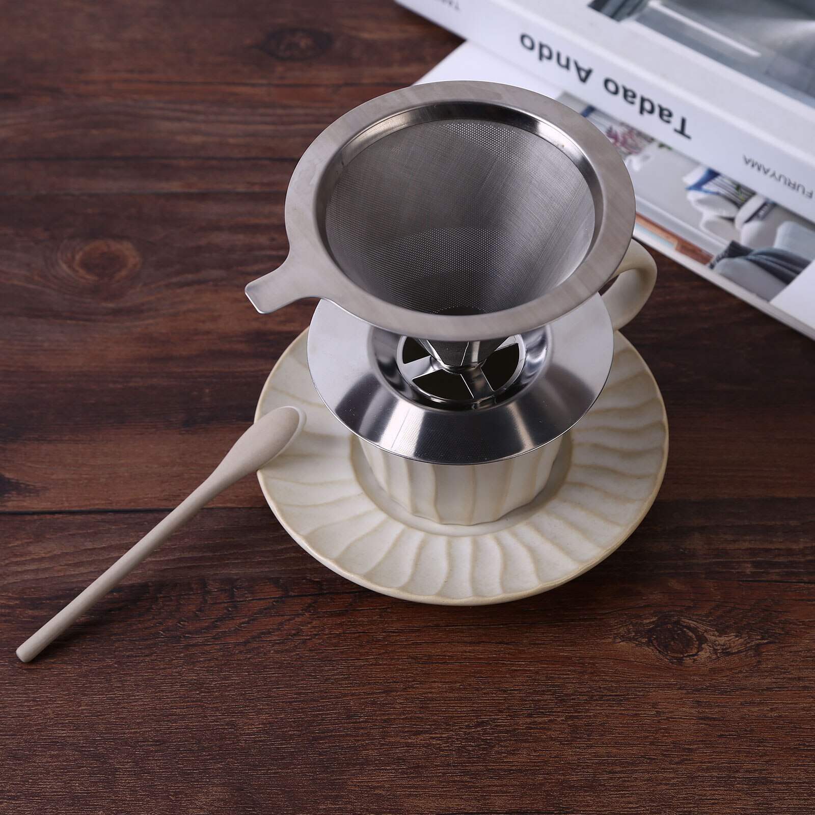 Pour Over Coffee Dripper Stainless Steel Slow Drip Coffee Filter with Cup Stand + Brush Reusable Single Drip Brew Coffee Maker