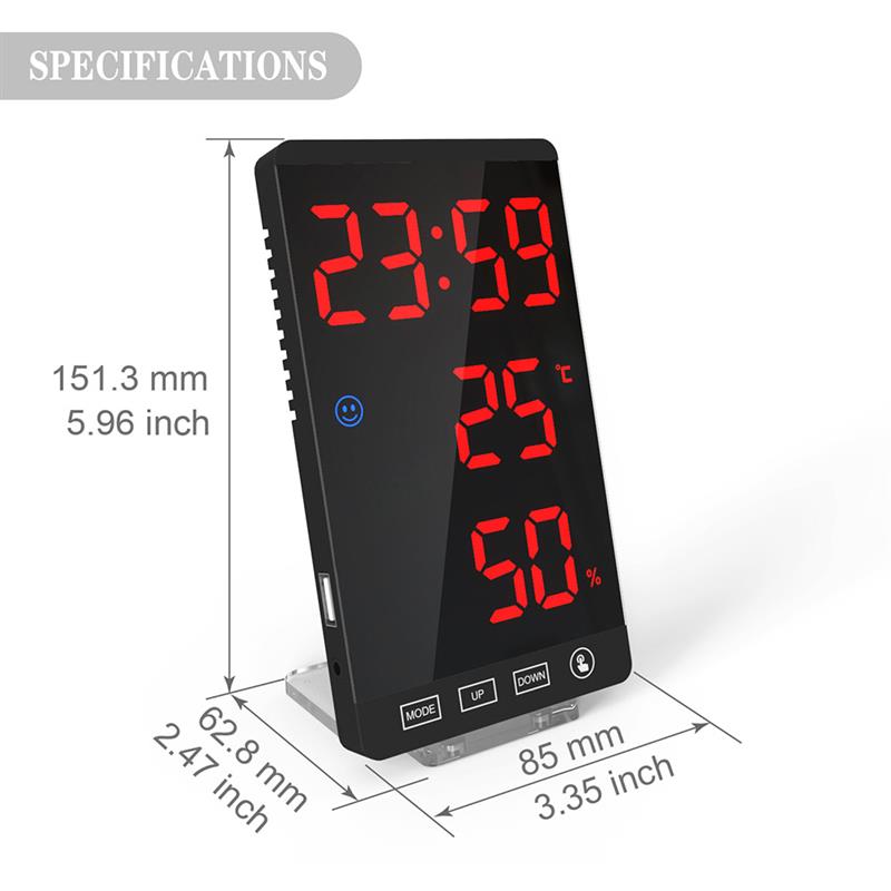 Mirror LED Alarm Clock Touch Button Digital Clock LED Time Temperature Humidity Display USB Output Port Table Clock